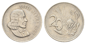 ЮАР 20 центов 1965 Ян ван Рибек (1619-1677), South Africa, легенда на английском, цветок протея KM 69.1 никель 4706-652