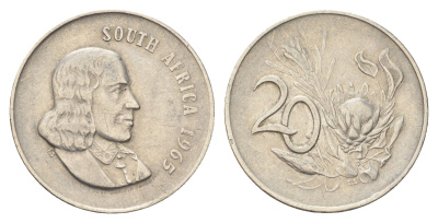 ЮАР 20 центов 1965 Ян ван Рибек (1619-1677), South Africa, легенда на английском, цветок протея KM 69.1 никель 4706-652