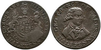 Великобритания 1/2 пенни ND (1787-1797) Миддлсекс - Национальная серия - принц Уэльский Dalton & Hamer 953 медь 1518-243