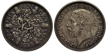 Великобритания 6 пенсов 1935 Георг V (1910-1936) KM 832, Spink 4041 серебро 4538-356