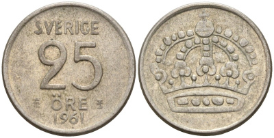 Швеция 25 эре 1961 TS, Густав VI Адольф (1950-1973) KM 824 серебро 4147-1115
