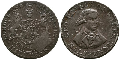 Великобритания 1/2 пенни ND (1787-1797) Миддлсекс - Национальная серия - принц Уэльский Dalton & Hamer 953 медь 1518-243