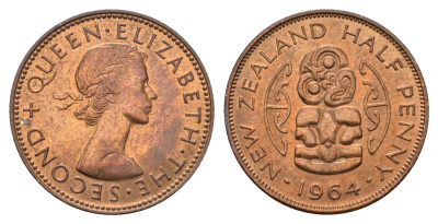 Новая Зеландия 1/2 пенни 1964 Елизавета II (1952-2022) KM 23.2 бронза UNC 89-1524
