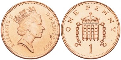 Великобритания 1 пенни 1997 Елизавета II (1952-2022) KM 935a, Spink 4391 (B4) сталь плакированная медью UNC 201-153