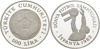 Турция 500 лир 1982 Чемпионат мира по футболу в Испании 1982 года, мяч, вратарь KM 953 серебро PROOF 00-00