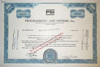 США, Programs and Systems, Inc. 100 акций 1968 бумага 00-00