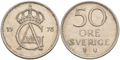Швеция 50 эре 1973 U, Густав VI Адольф (1950-1973) KM 837 медно-никель 4571-614