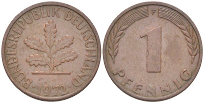 ФРГ 1 ПФЕННИГ 1972 F KM 105, J. 380 сталь плакированная медью 4181-565