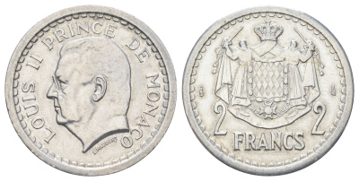 Монако 2 франка 1943 Луи II (1922-1949), год-тип KM 121 алюминий 4642-214