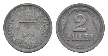 Венгрия 2 филлера 1943 BP KM 519 цинк 4665-512