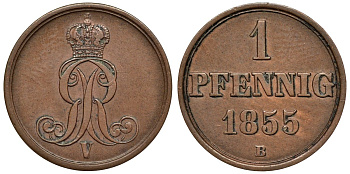 Ганновер 1 пфенниг 1855 B, Георг V KM 221, AKS 155, J. 83 медь 4594-511