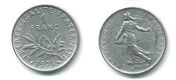 ФРАНЦИЯ 1 ФРАНК 1971 СЕЯТЕЛЬ KM 925.1 никель 57-156