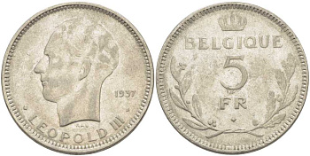 Бельгия 5 франков 1937 Леопольд III (1934-1951), Belgique KM 118 никель 3851-514