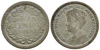 НИДЕРЛАНДЫ 10 ЦЕНТОВ 1918 ВИЛЬГЕЛЬМИНА KM серебро 46-743