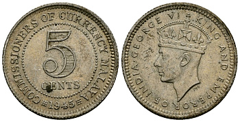 Британская Малайя 5 центов 1945 Король Георг VI (1937-1952) KM 3a серебро 4174-223