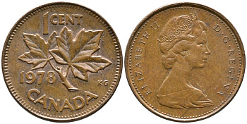 Канада 1 цент 1978 Елизавета II (1952-2022), кленовый лист KM 59.1 бронза 4528-744