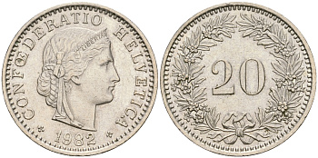 Швейцария 20 раппенов 1982 KM 29а медно-никель 4364-1434