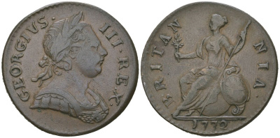 Великобритания 1/2 пенни 1772 Георг III (1760-1820) KM 601, Spink 3774 медь 4590-735