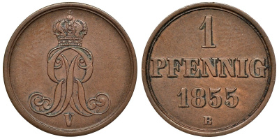 Ганновер 1 пфенниг 1855 B, Георг V KM 221, AKS 155, J. 83 медь 4594-511