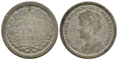 НИДЕРЛАНДЫ 10 ЦЕНТОВ 1918 ВИЛЬГЕЛЬМИНА KM серебро 46-743