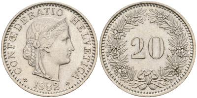 Швейцария 20 раппенов 1982 KM 29а медно-никель 4364-1434