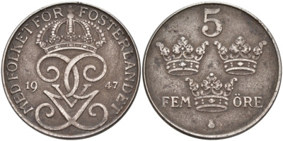 Швеция 5 эре 1947 Густав V (1907-1950) KM 812 железо 4557-723