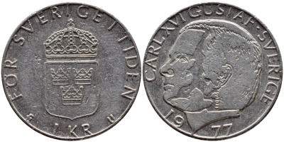 Швеция 1 крона 1977 Карл XVI Густав (1973- ) KM 852 медь плакированная медно-никелем 4397-835