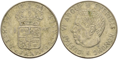 Швеция 1 крона 1954 TS, Густав VI Адольф (1950-1973) KM 826 серебро 4148-1136