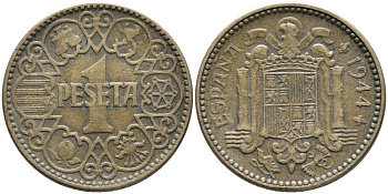 ИСПАНИЯ 1 ПЕСЕТА 1944 НАЦИОНАЛЬНОЕ ПРАВИТЕЛЬСТВО (1939-1947) KM 767 алюминиевая бронза 110-1112