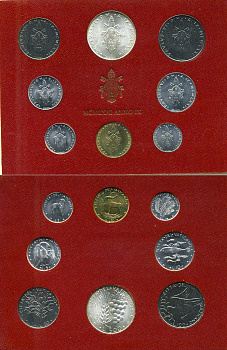 Ватикан набор из 8 монет 1971 1, 2, 5, 10, 20, 50, 100, 500 лир, в оригинальном буклете KM MS75 серебро UNC 8-1-01-18