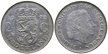 Нидерланды 2 1/2 гульдена 1972 Юлиана (1948-1980) KM 191 никель 75-334