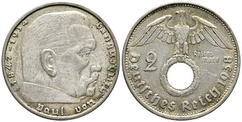 Германия 2 рейхсмарки 1938 В, Гинденбург, символика KM 93, J.366 серебро 4577-527