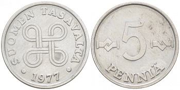 ФИНЛЯНДИЯ 5 ПЕННИ 1977 KM 45а алюминий 3996-1039