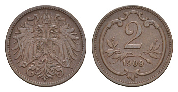 Австрия 2 геллера 1909 Франц Иосиф I (1848-1916) KM 2801 бронза 4639-1025