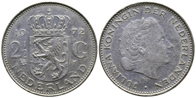 Нидерланды 2 1/2 гульдена 1972 Юлиана (1948-1980) KM 191 никель 75-334