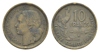Франция 10 франков 1952 петух KM 915.1, Le Franc 363.6 алюминиевая бронза 4643-515
