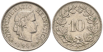 Швейцария 10 раппенов 1964 В KM 27 медно-никель 4576-953
