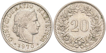 Швейцария 20 раппенов 1970 KM 29a медно-никель 55-925