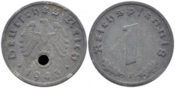 ГЕРМАНИЯ 1 РЕЙХСПФЕННИГ 1943 F KM 97, J. 369 цинк 112-539