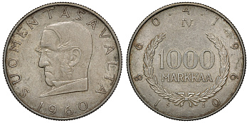 Финляндия 1000 марок 1960 S-J, 100 лет марочной системе Снеллмана (1860-1960) KM 43 серебро 4044-1423