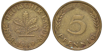 ФРГ 5 пфеннигов 1949 J KM 102 сталь плакированная бронзой 4174-512