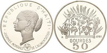 Гаити 50 гурдов 1981 50 лет FAO, голова женщины KM 149 серебро PROOF 1066-1-21-M16-13