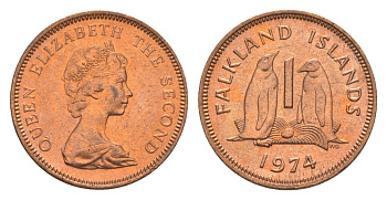Фолклендские острова 1 пенс 1974 Елизавета II (1952-2022), папуанский пингвин KM 2 бронза  aUNC  4640-853