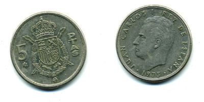 Испания 5 песет 1975 (78) Хуан Карлос I (1975-2014) KM 807 медно-никель 51-4431