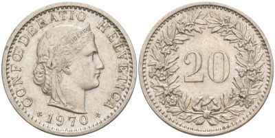 Швейцария 20 раппенов 1970 KM 29a медно-никель 55-925