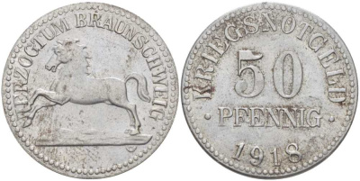 Брауншвейг 50 пфеннигов 1918 НОТГЕЛЬД, ВЕЙМАРСКАЯ РЕСПУБЛИКА железо 210-146