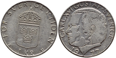 Швеция 1 крона 1977 Карл XVI Густав (1973- ) KM 852 медь плакированная медно-никелем 4397-822