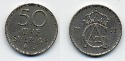 Швеция 50 эре 1973 U, Густав VI Адольф (1950-1973) KM 837 медно-никель 23-1113