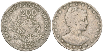 Бразилия 200 реалов 1901 MCMI, голова свободы вправо KM 504 медно-никель 4612-252