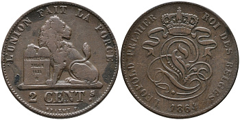 БЕЛЬГИЯ 2 САНТИМА 1864/1 BELGES KM 4.2 медь 95-712